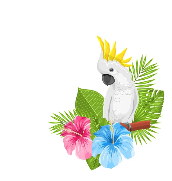 Cockatoo bianco pappagallo con fiori esotici colorati — Vettoriale Stock