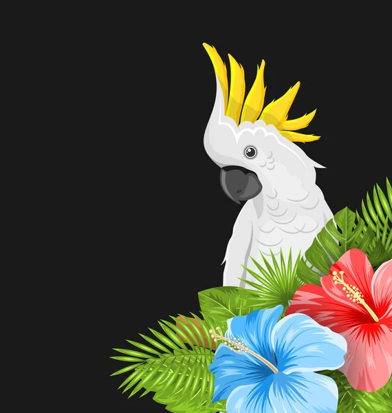 Papuga Kakadu biała z hibiskusa kolorowy kwiaty kwitnąć i tropikalny liści — Wektor stockowy