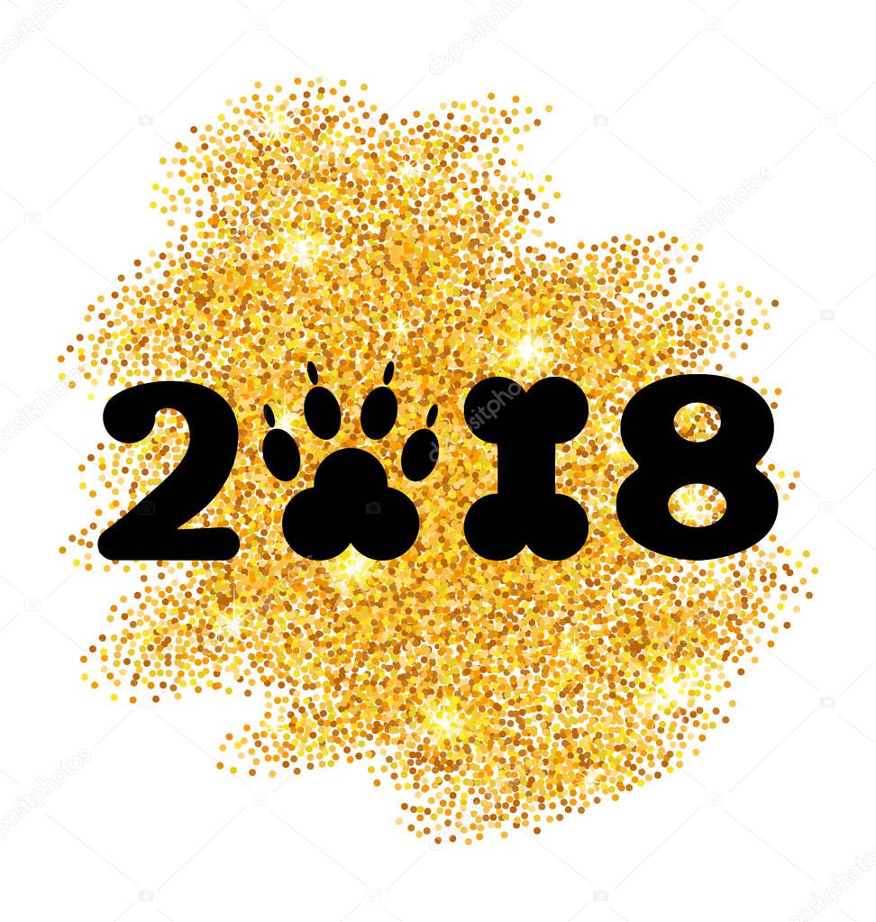 New Year 2018 with Symbol Dog Paw Print and Bone Shape, Glitter Surface