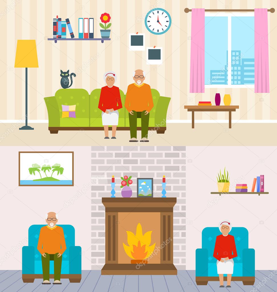 Old People Home Interior Background. Aged Characters, Household Furniture, Pension