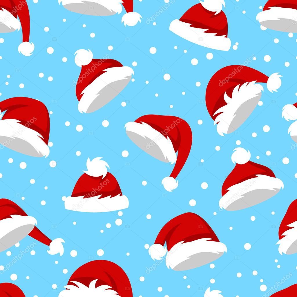Seamless Pattern with Santa Hats and Snow on Blue Background