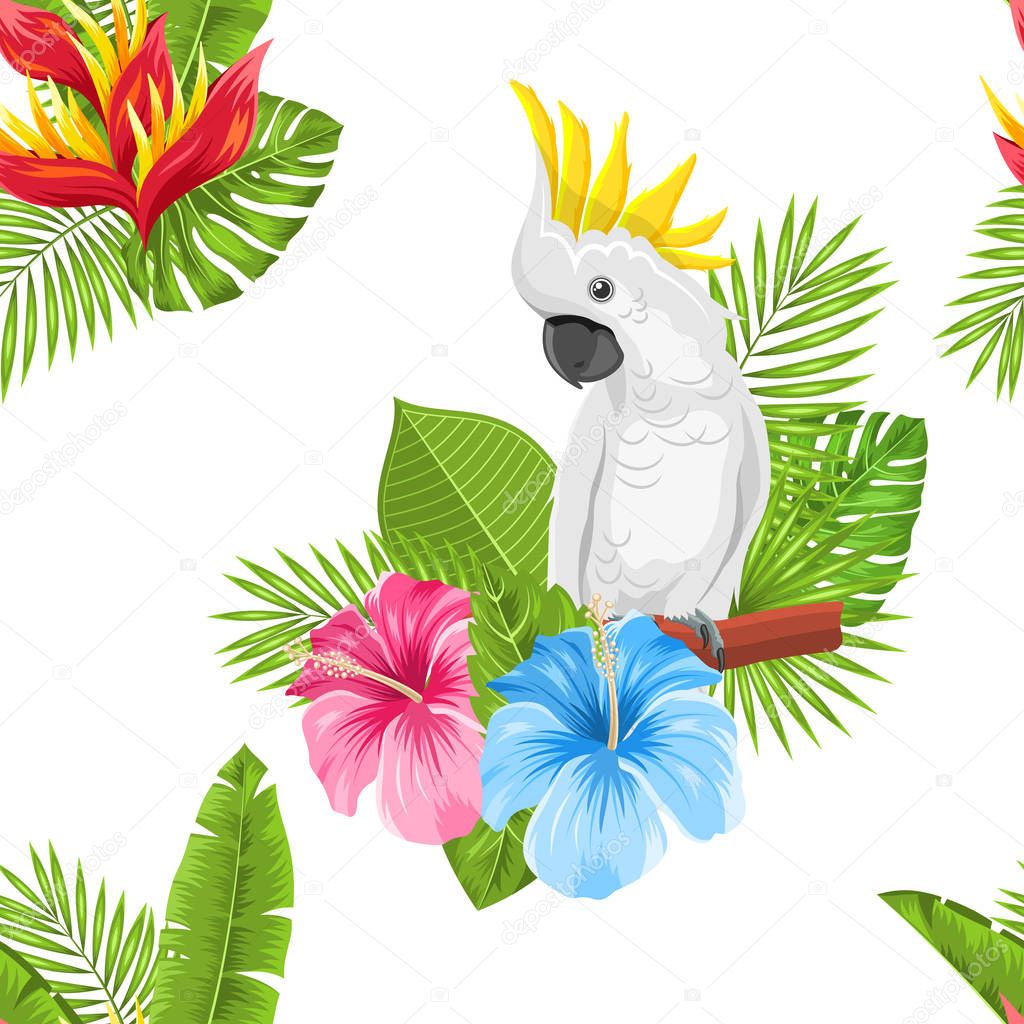 Seamless Exotic Pattern with Parrot Cockatoo and Tropical Leaves and Flowers