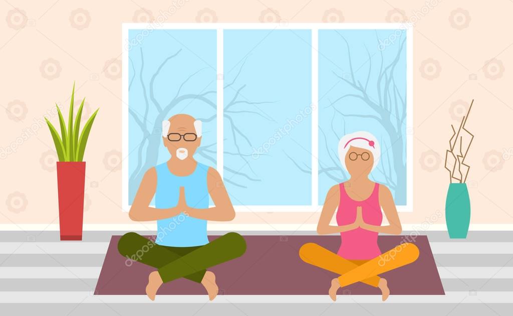 Adult Woman and Man Meditating in Pose Lotus, Home Interior. Leisure of Pensioners