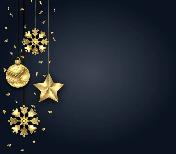 Weihnachten dunkler Hintergrund mit goldenen Kugeln, Grußbanner — Stockvektor