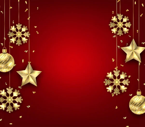 Weihnachten Hintergrund mit goldenen Kugeln, Sternen und Schneeflocken — Stockvektor