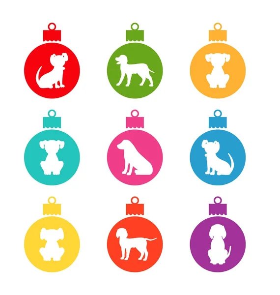 Bolas de Navidad coloridas con diferentes perros — Vector de stock