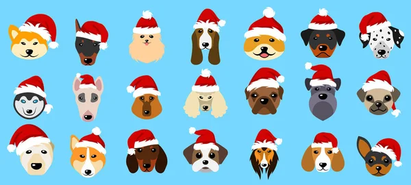 Ställa in olika raser av hundar i hattar av Santa Claus, symboler nyår 2018 — Stock vektor