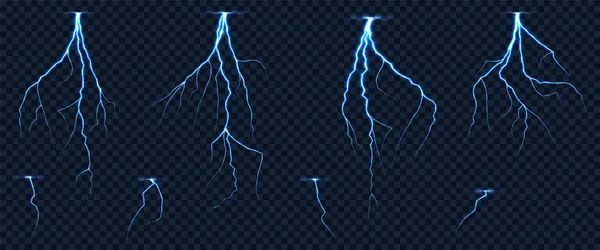 Lightnings réalistes zig zag sur fond transparent à carreaux. Frappe d'orage, choc électrique . — Image vectorielle