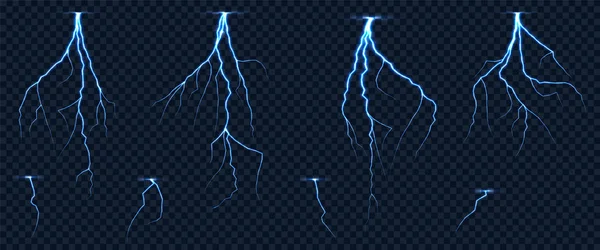 Realistische Blitze im Zickzack auf kariertem transparentem Hintergrund. Gewitterschlag, Stromschlag. — Stockvektor