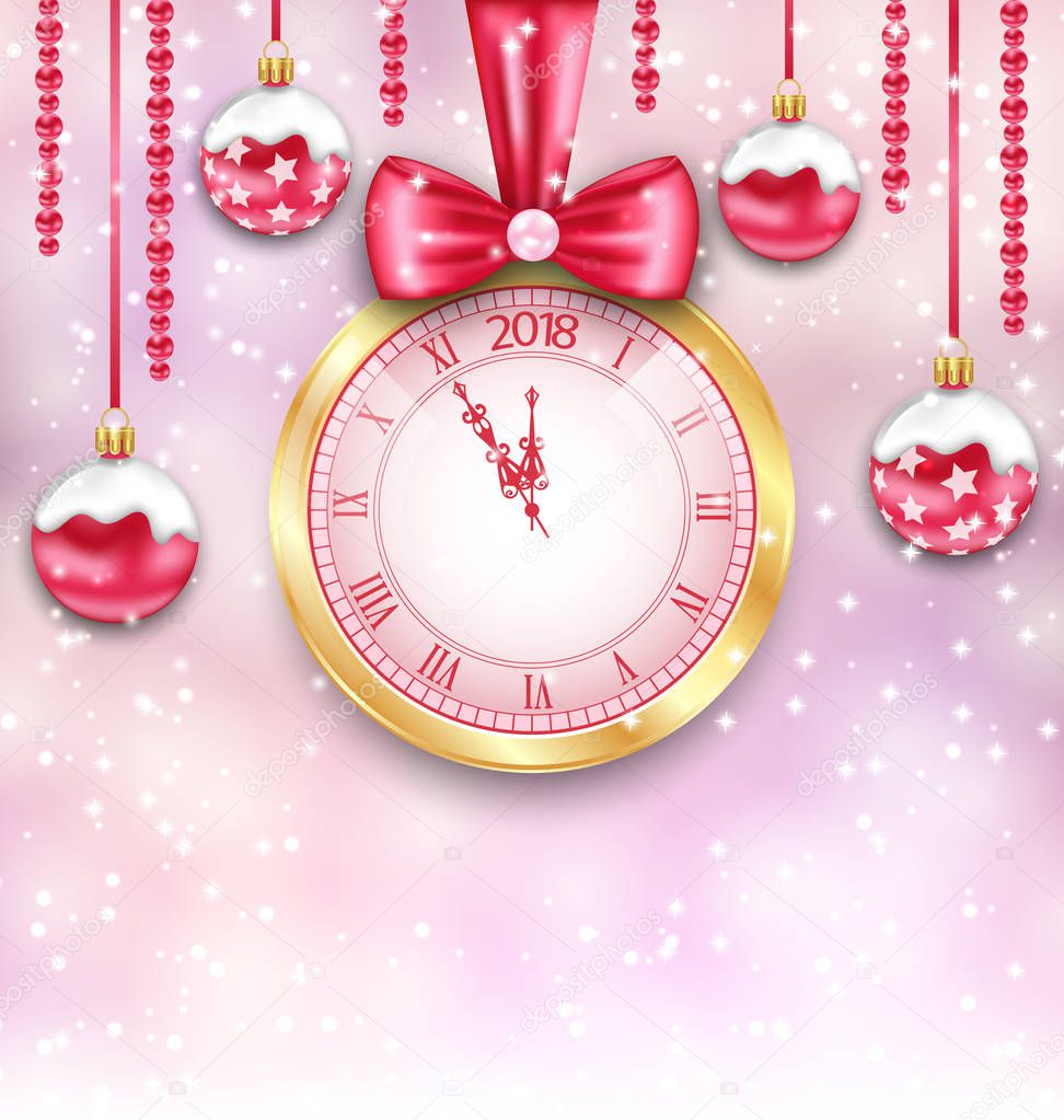 New year Background with Christmas Balls and Clock