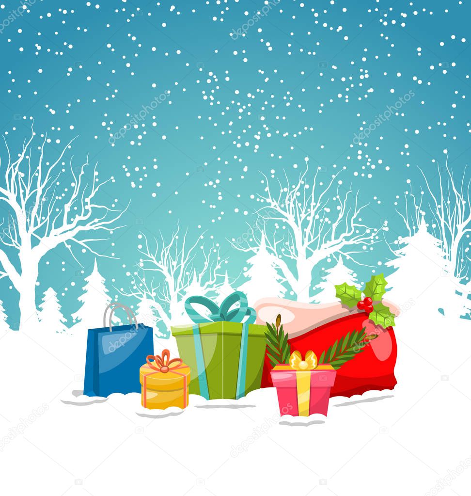 Christmas Greeting Background, Winter Landscape with Gift Boxes, Presents, Bag