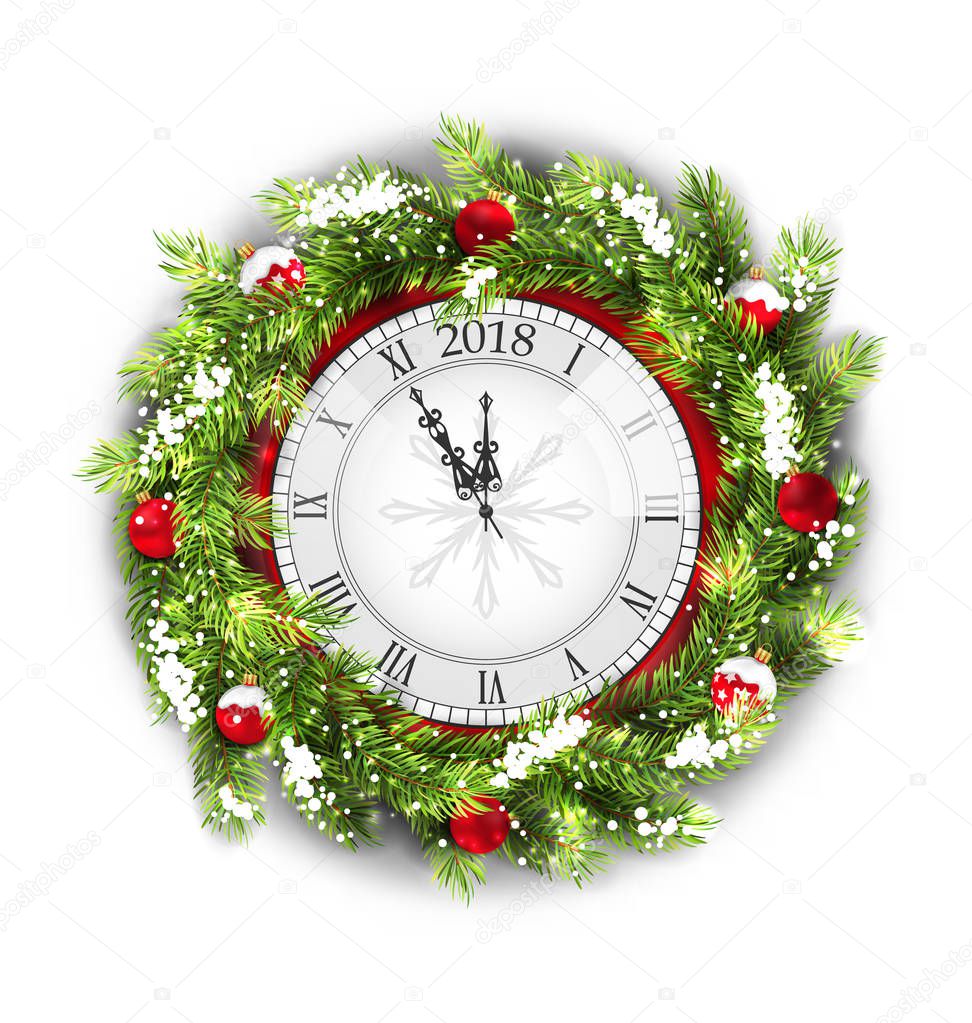 Christmas Wreath with Clock, New Year Decoration on White Background