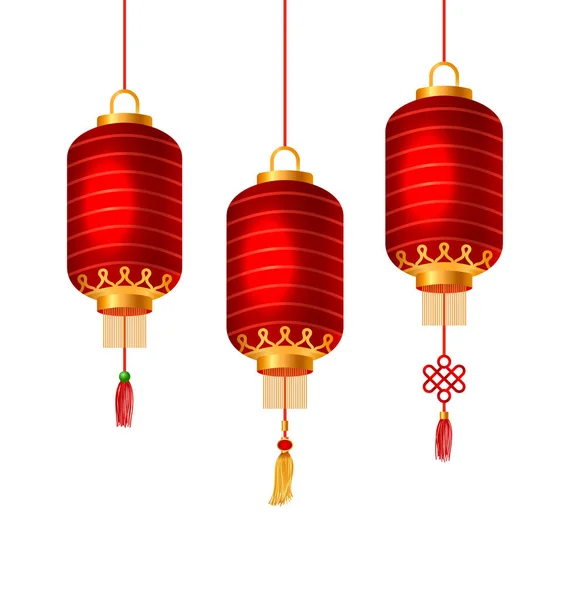 Satz roter chinesischer Laternen für ein frohes neues Jahr. Lampen isoliert auf weißem Hintergrund — Stockvektor