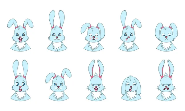 Głowy królika z różnych emocji - uśmiechnięty, smutny, gniew, agresja, senność, zmęczenie, złość, strach — Wektor stockowy