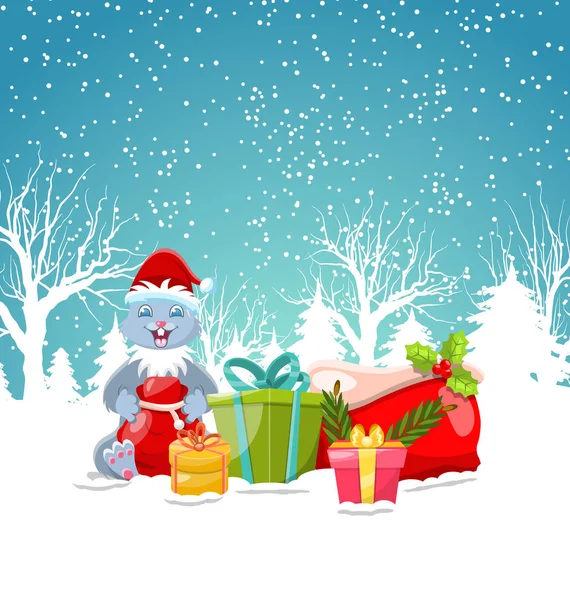Coelhinho de Natal com caixas de presente, saco de Santa, natal e fundo de ano novo, tempo de inverno —  Vetores de Stock