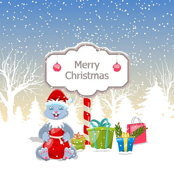 Coniglio di Natale con scatole regalo, Babbo Natale, Natale e Capodanno Design — Vettoriale Stock