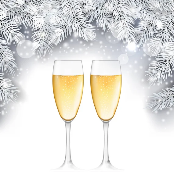 Verre à champagne, fond de Noël avec des brindilles d'argent — Image vectorielle