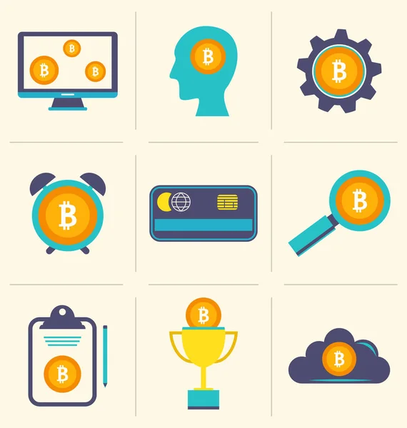 Bitcoin dinheiro digital, sistema criptomoeda e piscina de mineração, ícones de design plano Gráficos Vetores