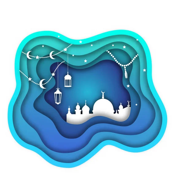 Ramadan Kareem tło, meczet, lampy, Księżyc, gwiazdy. Islamska Design, cięcia papieru szablonu — Wektor stockowy
