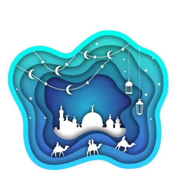 Ramadan Kareem Fundo, Mesquita, Lanternas, Lua, Camelos. Design Islâmico, Modelo de papel cortado —  Vetores de Stock