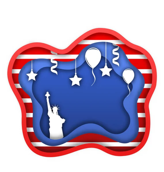 7月4日美国独立日, 自由女神像, 气球, 五彩纸屑。剪纸风格 矢量图形