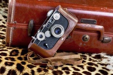 Eski stil Film kamera yanındaki eski bavul safari için hazır.