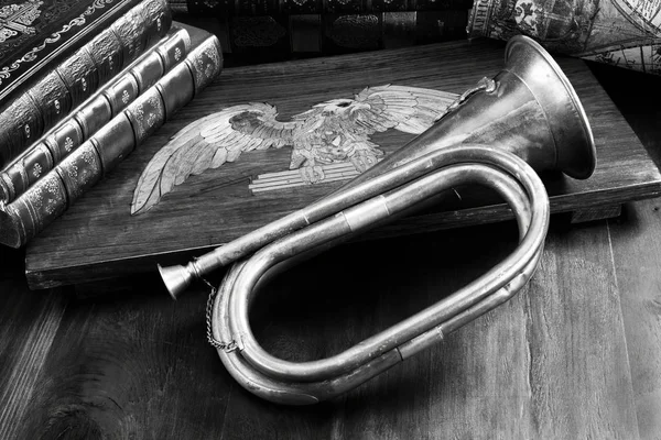 Bugle de bronze antigo e águia . — Fotografia de Stock