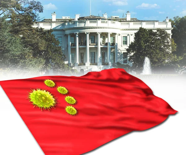 华盛顿的白宫和中国病毒旗 — 图库照片
