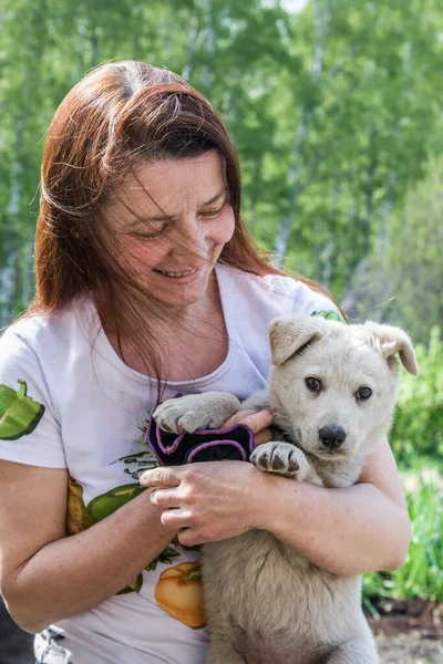 Woman Plays Cute Puppy White Color — Stock Photo, Image