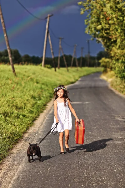 Joyeux jeune fille promenades avec une valise et un chien — Photo