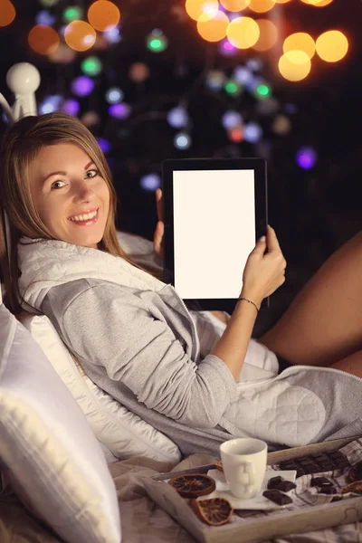 Happy Girl Electronic Tablet — Stock Photo, Image