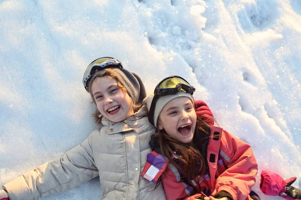 Young Smiling Girls Play Winter Sunny Day — Stock Photo, Image