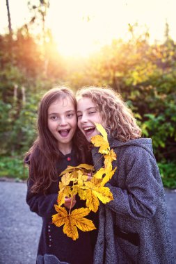 Kız kardeş içinde sonbahar park eğlenmek