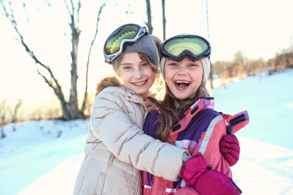Happy Cheerful Girls Spend Air Cold Winter Day — Stock Photo, Image