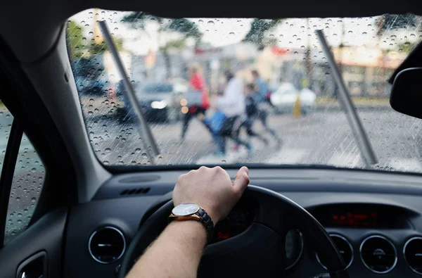 Driver Pedestrian Crosswalk Rainy Day — Stock Photo, Image