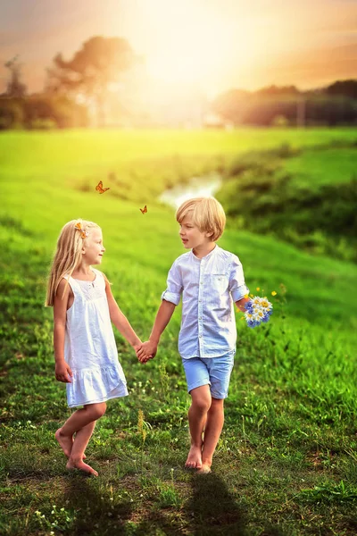Siblings Running Green Grass Summer Day — Stock Photo, Image