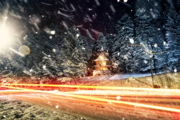 Night Winter View Chapel Jaszczorowce Poland — Stock Photo, Image