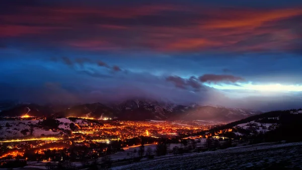 Pôr Sol Zakopane City Belo Dia Inverno — Fotografia de Stock