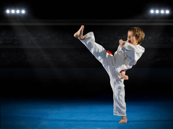Fiú harcművész sportcsarnokban — Stock Fotó