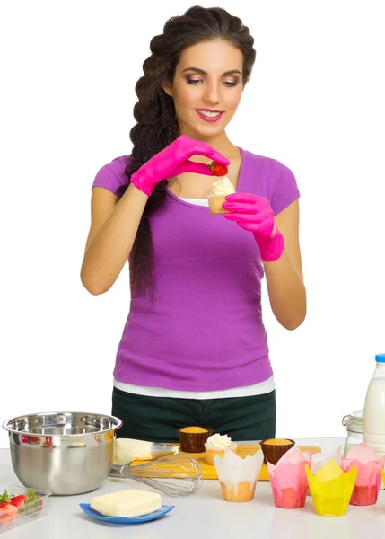 Young cooking woman at kitchen — Stock Photo, Image