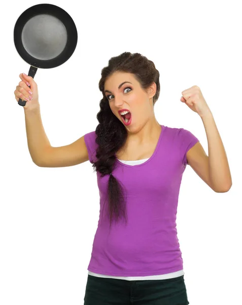 Young angry woman with pan isolated — Stock Photo, Image