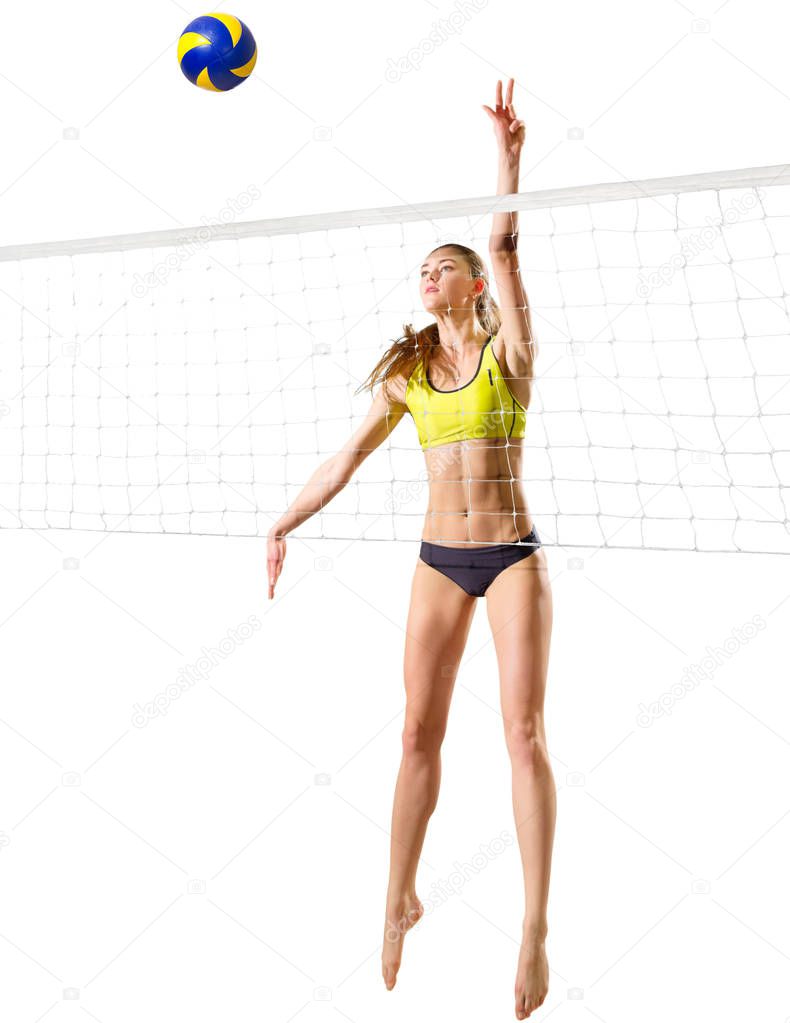 Young girl volleyball player isolated (ver with ball and net)