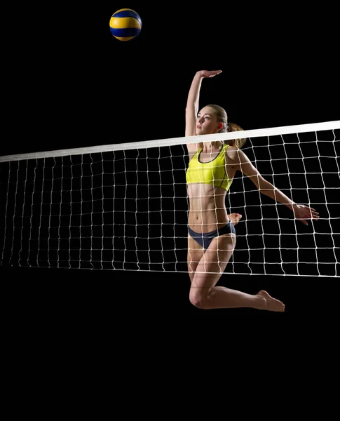 Menina jogador de vôlei de praia (ver com bola e rede ) — Fotografia de Stock