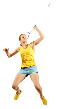 İzole kadın badminton oyuncu (ver raketle ile)