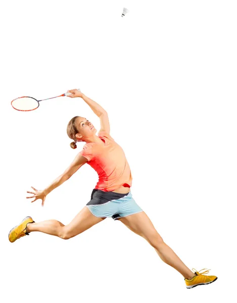 Mulher badminton jogador isolado (ver com shuttlecock ) — Fotografia de Stock