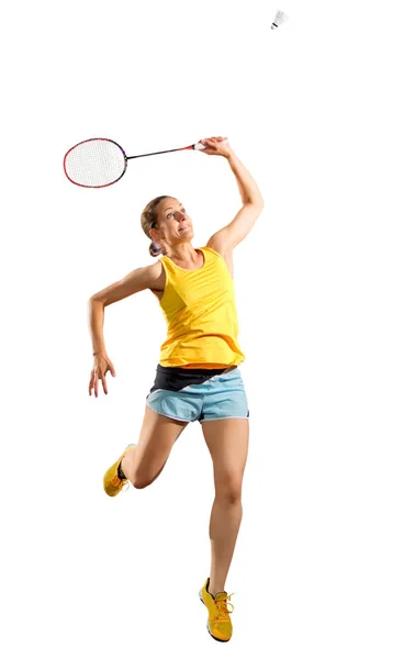 Vrouw badminton-speler (met shuttle ver) — Stockfoto