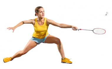 Genç kadın badminton oyuncu (ver raketle ile)