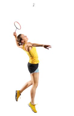 Genç kadın badminton oyuncu (ver raketle ile)