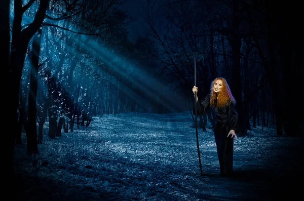 Sorcière effrayante dans la forêt nocturne — Photo