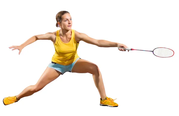 Jovem mulher badminton jogador (ver sem shuttlecock ) — Fotografia de Stock